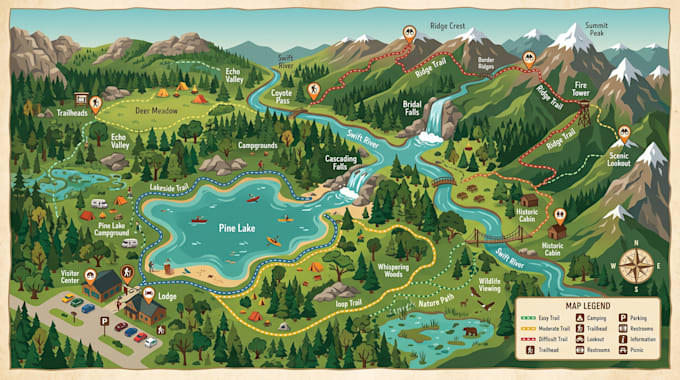 design illustrated hiking map, trail map, outdoor map, nature and recreation map