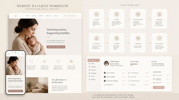 create squarespace postpartum doula website with honeybook workflows setup