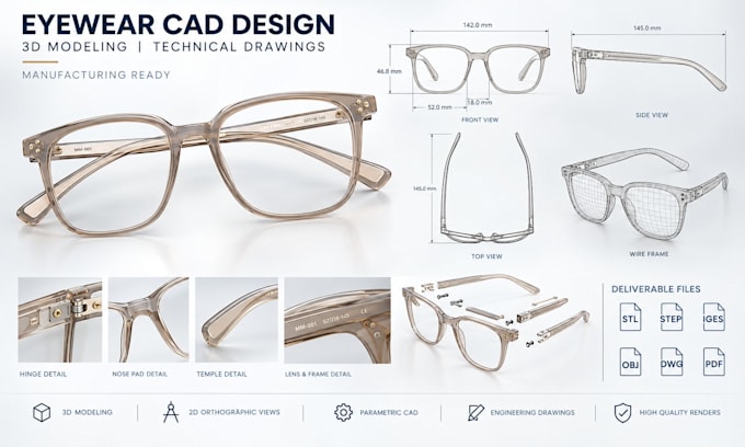 design eyeglasses optical frames, measurement charts, bom and production plans