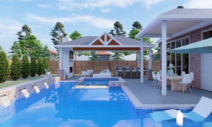 do 3d fire pit, 3d patio pool, pergola deck, pool, landscape, 3d backyard design