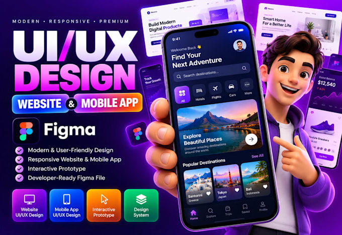 do figma mobile app UI UX design and figma website with interactive prototype