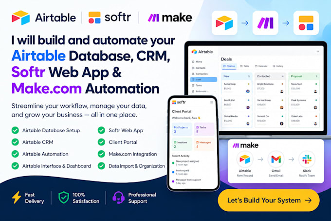 setup airtable automation, CRM, database, softr webapp