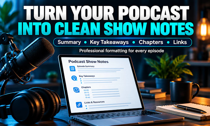 write SEO podcast show notes, summaries and timestamps