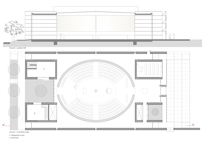 produce church floor plans, elevations, sections and 3d architectural views