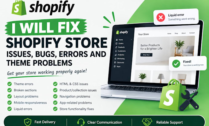 fix shopify store issues, bugs, errors, and theme problems