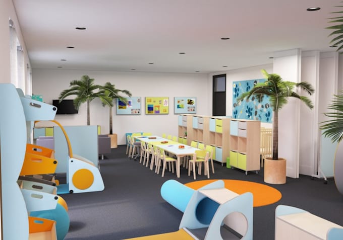 design 3d daycare interior design,kids play area,preschool visualization