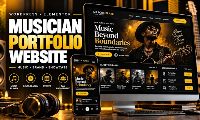 create wordpress portfolio website for musicians, music showcase, elementor