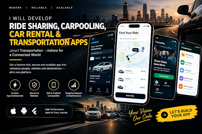 develop ride sharing app, carpooling app, car rental app, transportation app