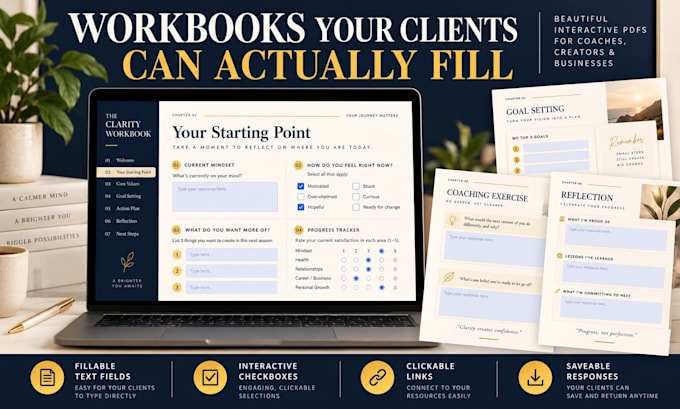 design fillable workbook, interactive PDF, canva worksheet and journal