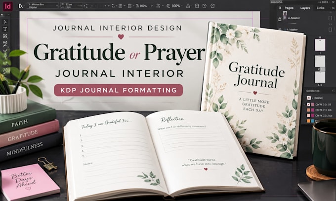layout and design gratitude or prayer journal interior, KDP journal formatting