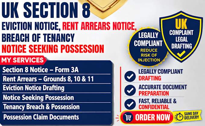 draft UK section 8 eviction notice, rent arrears and possession documents