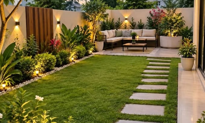 design landscape, backyard, frontyard, garden, patio, and 3d rendering