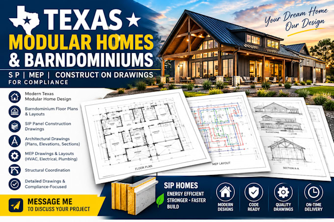 texas modular home design, barndominium sip mep construction drawings