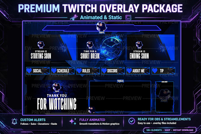 design premium twitch, kick, overlay and stream package