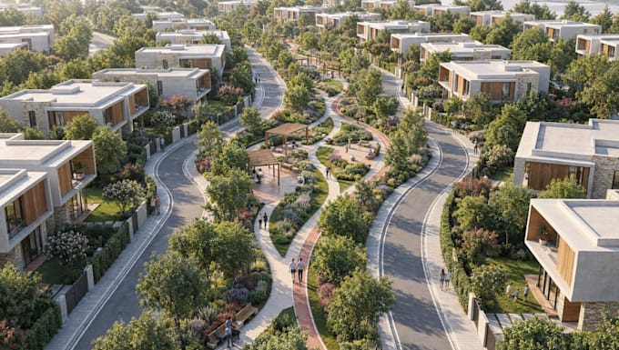 design 3d community master plan, low rise apartment render,villa exterior in cgi