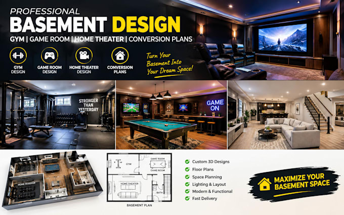 do basement design for gym, game, room, home thearter, conversion plans