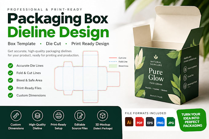 create product packaging box dieline, box template, die cut, print ready design