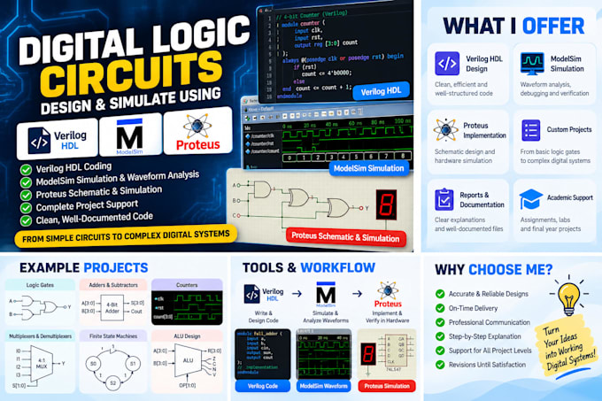 design and simulate digital logic circuits using verilog, modelsim and proteus