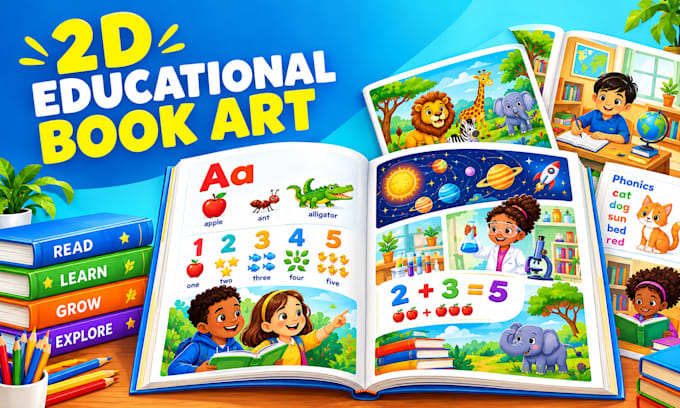 create 2d educational book illustrations for kids learning, workbooks and KDP