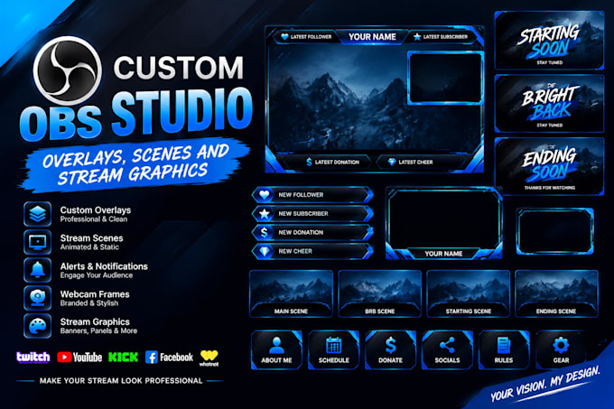 design custom obs studio overlays, scenes and stream graphics
