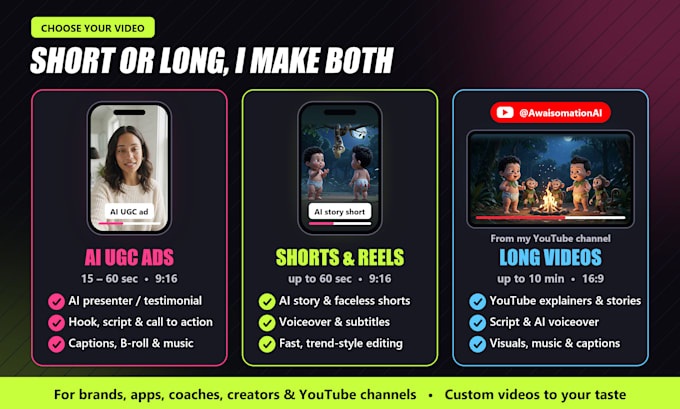 make ai ugc ads, ai short videos and long videos for you