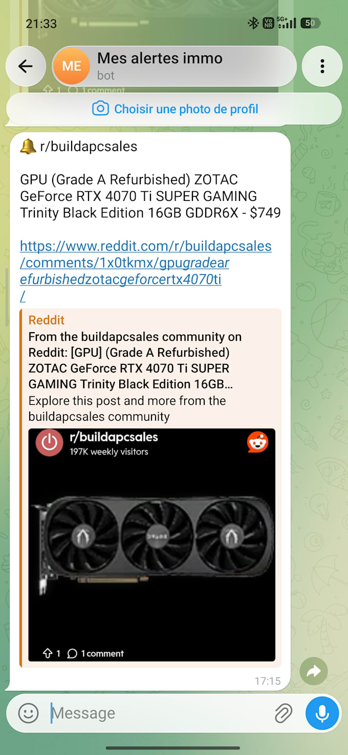 create a custom telegram bot for reddit alerts