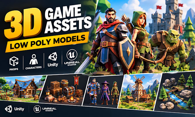 create 3d game assets low poly models props characters unity unreal ready