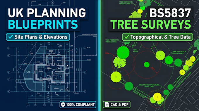 design a UK planning site plan, tree survey, and tree protection plan