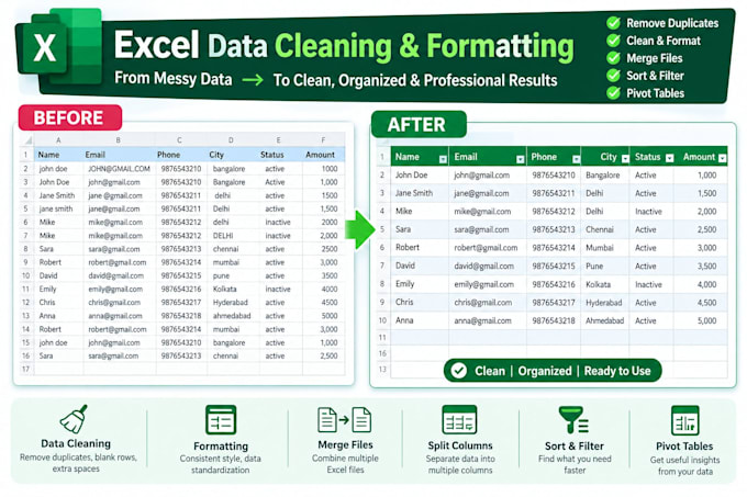 clean, format, and organize excel data and remove duplicates