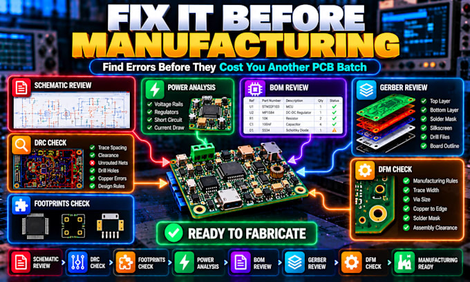 troubleshoot debug fix pcb schematic dfm redesign manufacturing error gerber fix