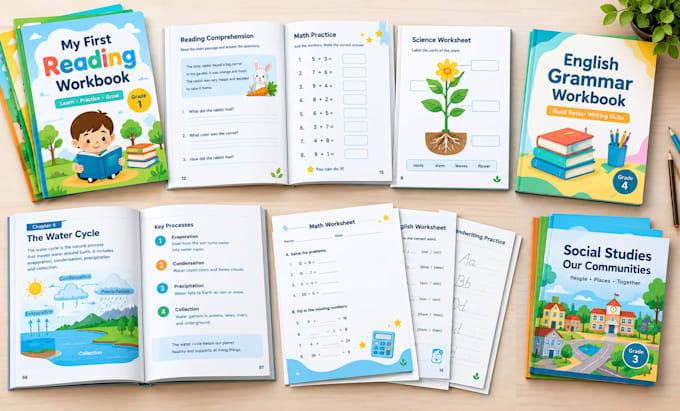 design, format educational workbooks, worksheets curriculum plan, and textbooks
