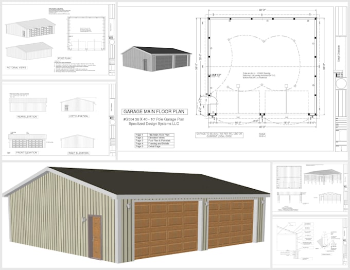 draw pole barn garage, workshop and metal building plans