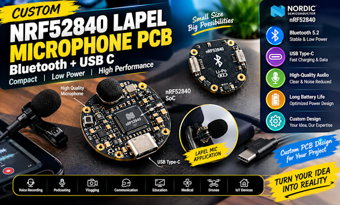 design nrf52840 lapel microphone pcb with bluetooth and usb c