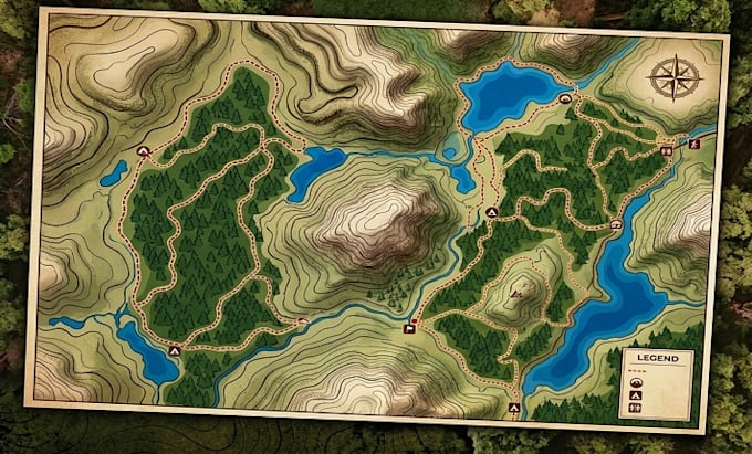 design custom hiking trail map, outdoor map, route map, park map, tourist map