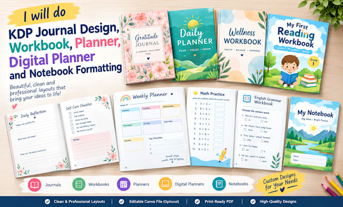 do KDP journal design, workbook, planner digital planner and notebook formatting