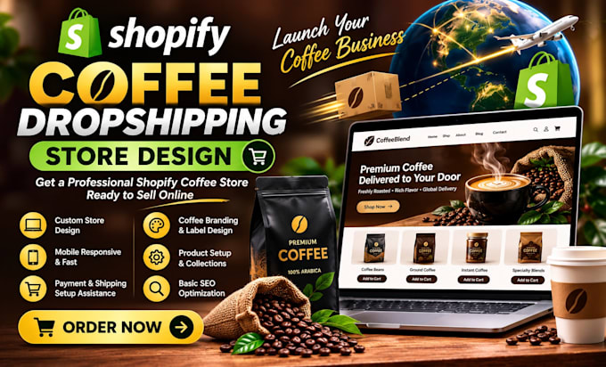 design a shopify coffee dropshipping store with roastify branding