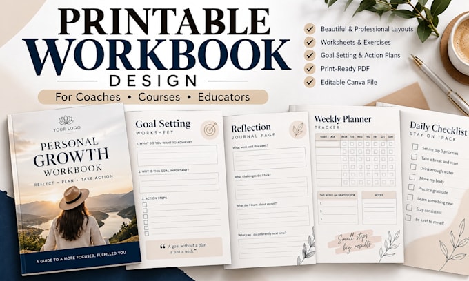 design a printable workbook for online courses and coaching programs