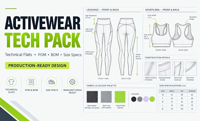 create activewear tech pack, sportswear tech pack and technical drawings