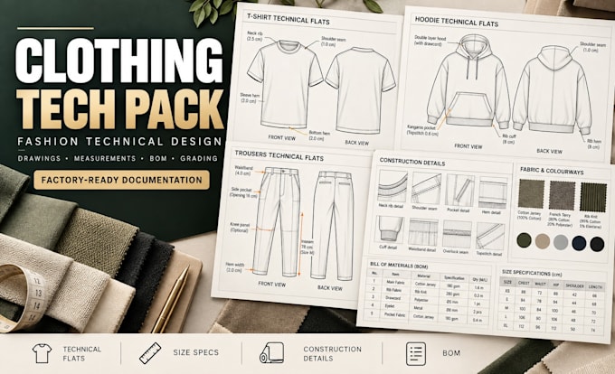 design apparel tech pack, clothing tech pack, technical drawings and spec sheets