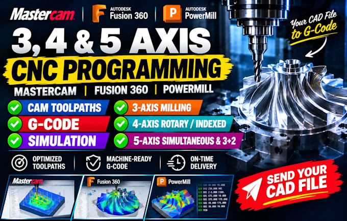 do 3 4 5 axis cnc programming and g code using mastercam fusion 360 powermill