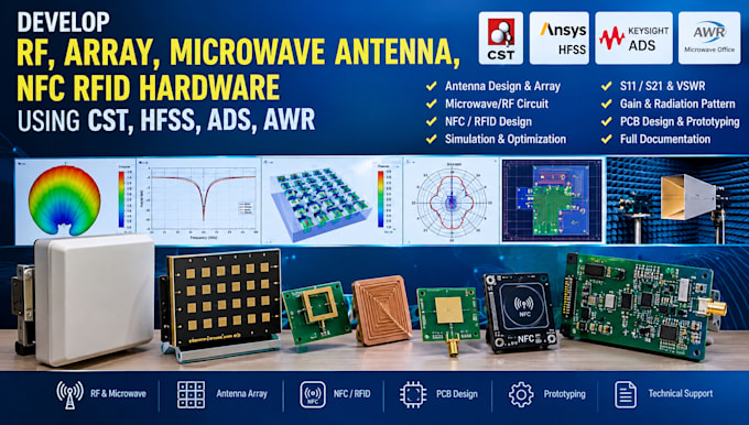 develop rf, array, microwave antenna, nfc rfid hardware using cst, hfss, ads awr