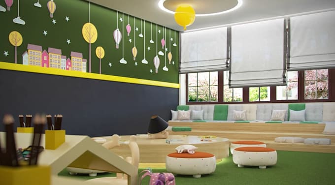 design realistic 3d interior renders, kindergartens, interactive vertical spaces