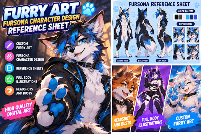 draw furry art fursona character design and reference sheet