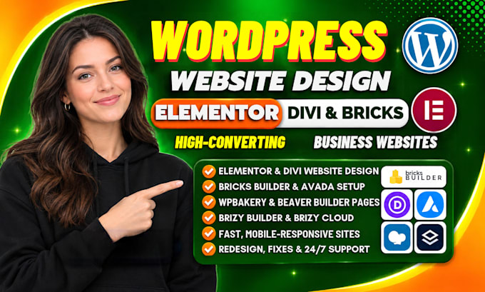 design wordpress websites using elementor, divi, bricks, avada and wpbakery