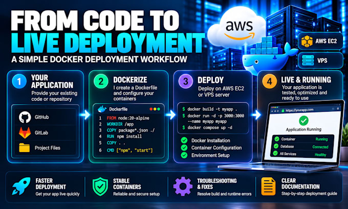 dockerize applications and fix docker deployment issues on AWS and vps servers
