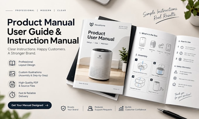 design product user guide, instruction manual, illustrated assembly instructions