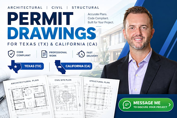 architect, civil and structural engineer drawing for texas and california permit