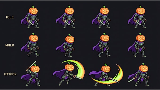 design halloween 8 bit 16 bit 2d pixel art character sprite sheet, animations