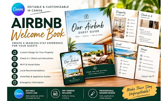 create an editable airbnb welcome book in canva