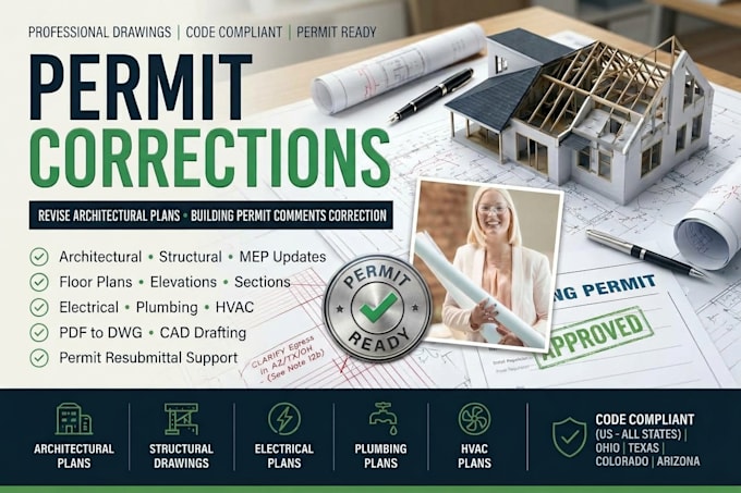 revise architectural plans, building permit comments correction for ohio,tx, co